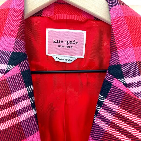 KATE SPADE $428 Wool Blend Fall Red & Black Plaid Stripe Blazer Jacket – Size 8 - Picture 9 of 16